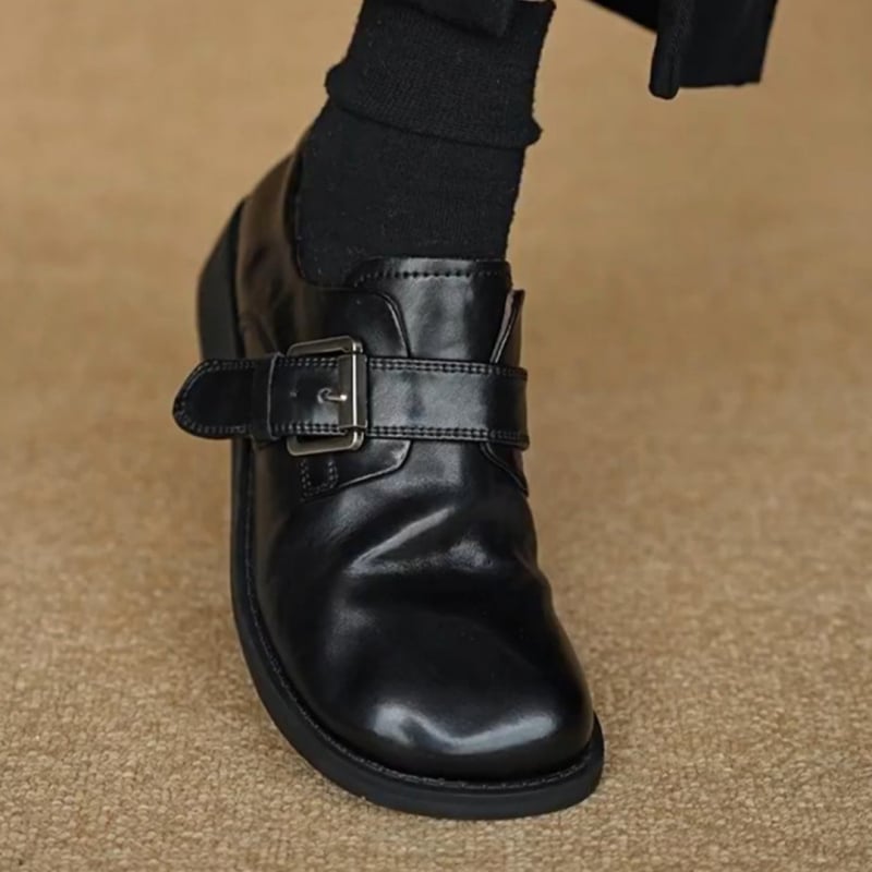 Loafers pentru femei, stil britanic, cu cataramă, negri, vârf rotund, toc gros, slip-on