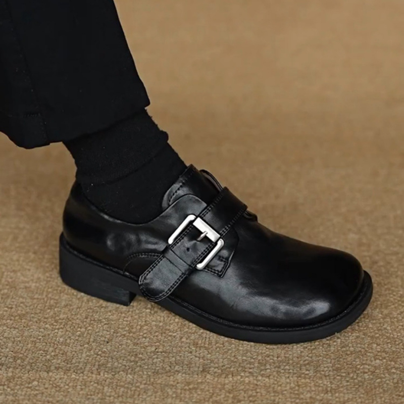Loafers pentru femei, stil britanic, cu cataramă, negri, vârf rotund, toc gros, slip-on