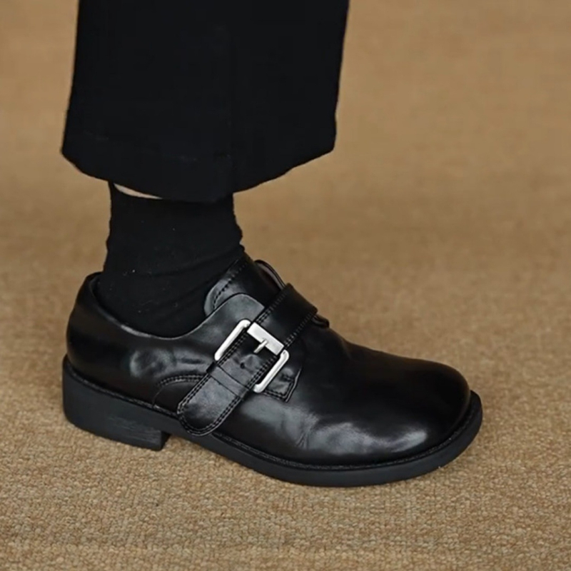 Loafers pentru femei, stil britanic, cu cataramă, negri, vârf rotund, toc gros, slip-on
