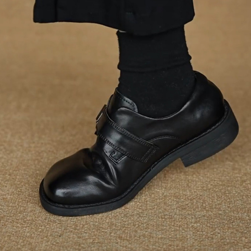 Loafers pentru femei, stil britanic, cu cataramă, negri, vârf rotund, toc gros, slip-on