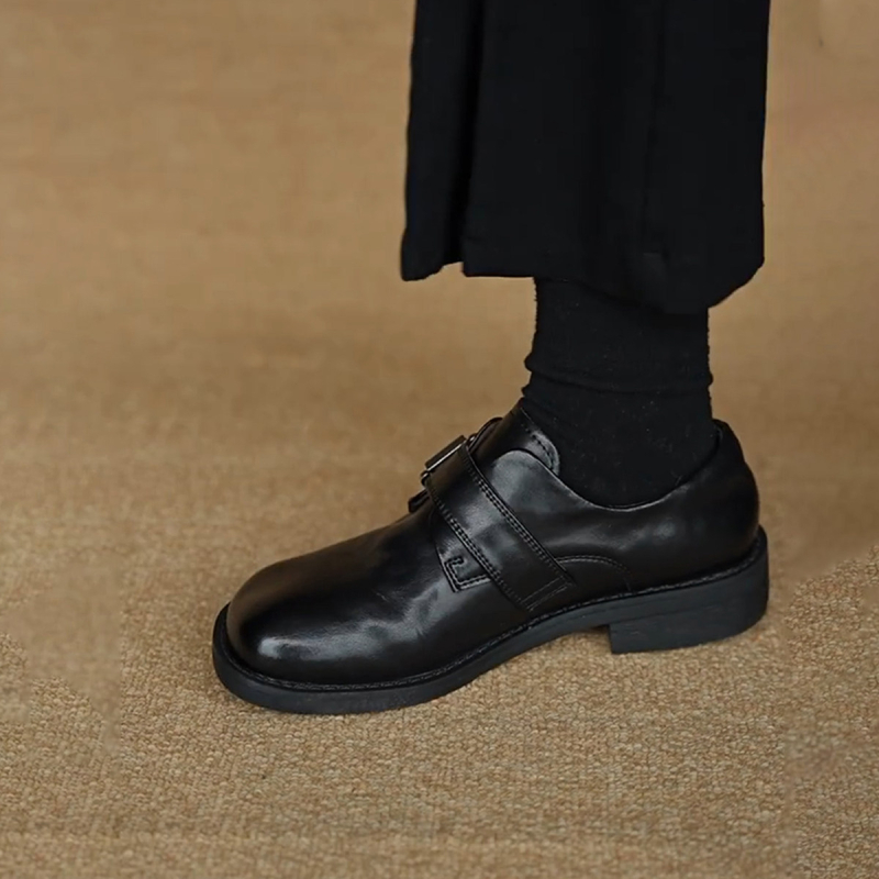 Loafers pentru femei, stil britanic, cu cataramă, negri, vârf rotund, toc gros, slip-on