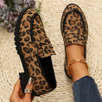 Loafers dama din velur cu imprimeu leopard, stil britanic, pantofi casual zilnic, mărime mare