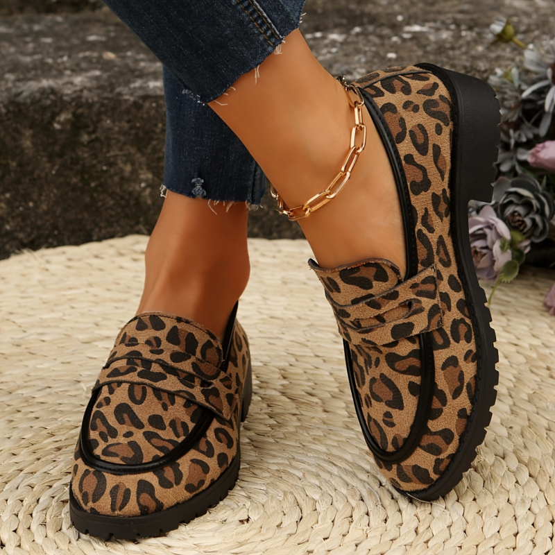 Loafers dama din velur cu imprimeu leopard, stil britanic, pantofi casual zilnic, mărime mare