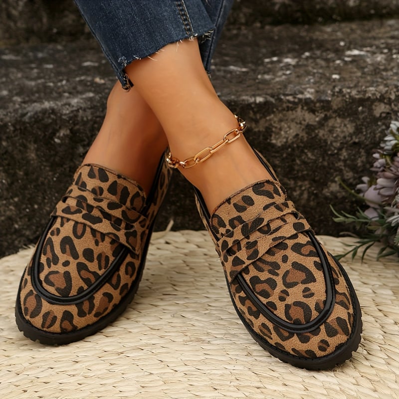 Loafers dama din velur cu imprimeu leopard, stil britanic, pantofi casual zilnic, mărime mare