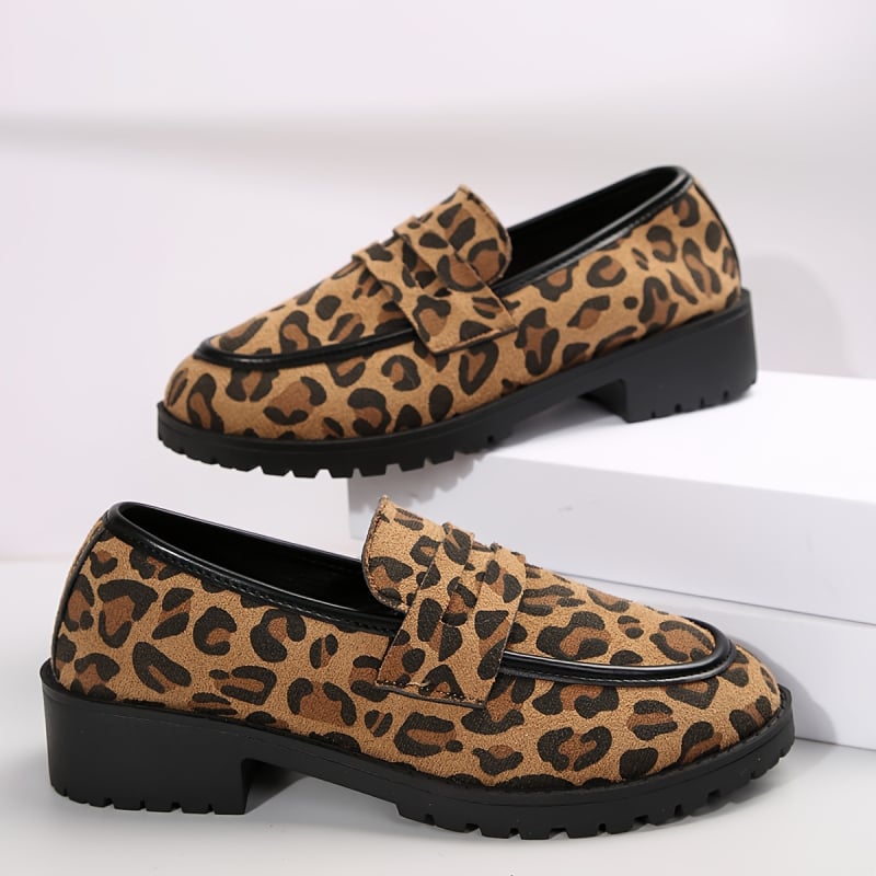 Loafers dama din velur cu imprimeu leopard, stil britanic, pantofi casual zilnic, mărime mare