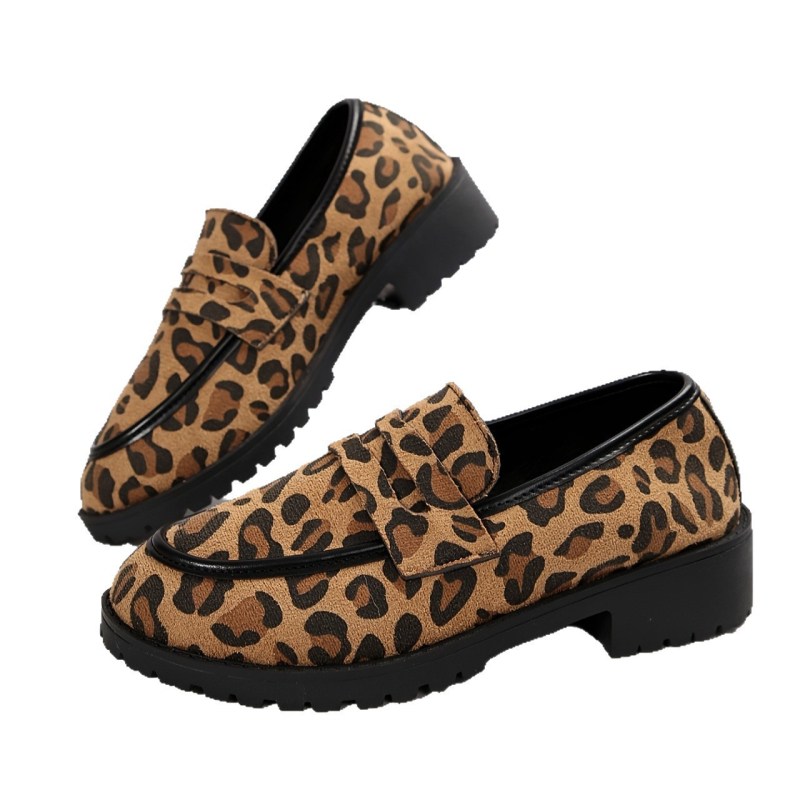 Loafers dama din velur cu imprimeu leopard, stil britanic, pantofi casual zilnic, mărime mare