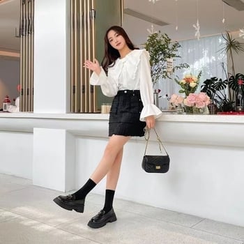 Loafers dama cu talpă platformă groasă, primăvara 2025, stil britanic, design sofisticat, logo triunghiular, slip-on din piele PU