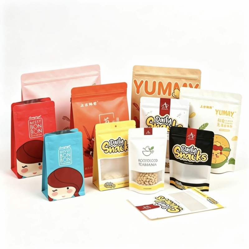 Saci personalizați de ambalare alimentară, impermeabili cu folie de aluminiu, pungă stand-up cu sigiliu pe opt laturi, pentru ceai, cafea și gustări