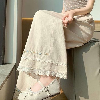 Pantaloni largi pentru femei, spălați, vară, margine cu dantelă brodată, casual din bumbac-lin, croi cropped drept