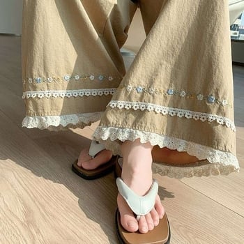 Pantaloni largi pentru femei, spălați, vară, margine cu dantelă brodată, casual din bumbac-lin, croi cropped drept
