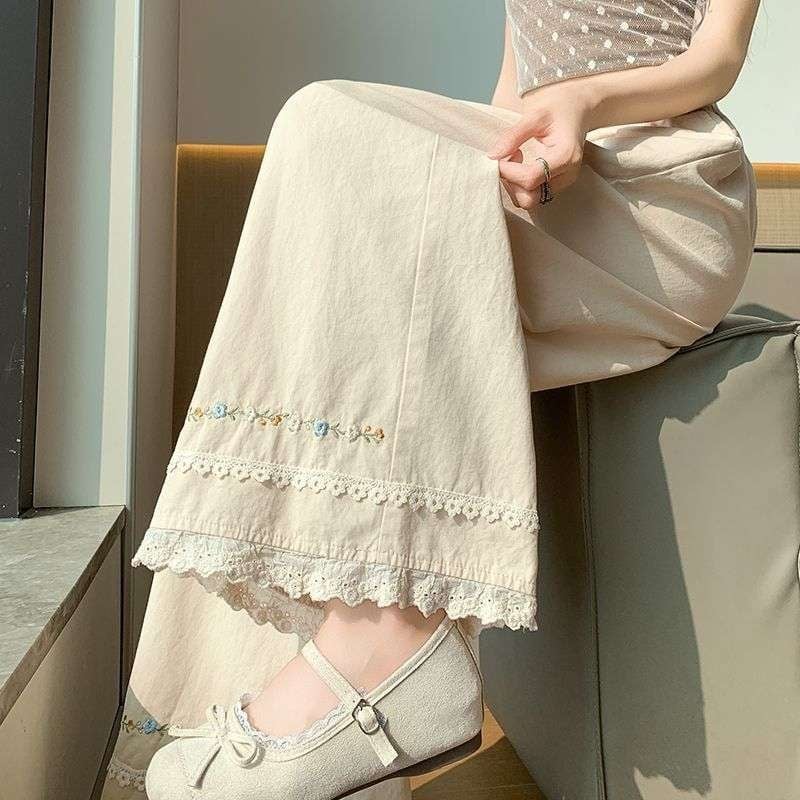 Pantaloni largi pentru femei, spălați, vară, margine cu dantelă brodată, casual din bumbac-lin, croi cropped drept