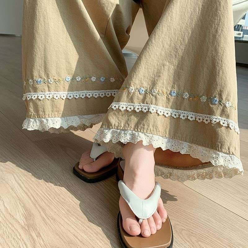 Pantaloni largi pentru femei, spălați, vară, margine cu dantelă brodată, casual din bumbac-lin, croi cropped drept