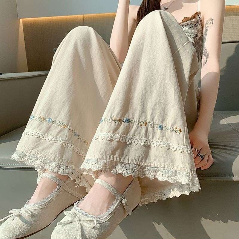 Pantaloni largi pentru femei, spălați, vară, margine cu dantelă brodată, casual din bumbac-lin, croi cropped drept