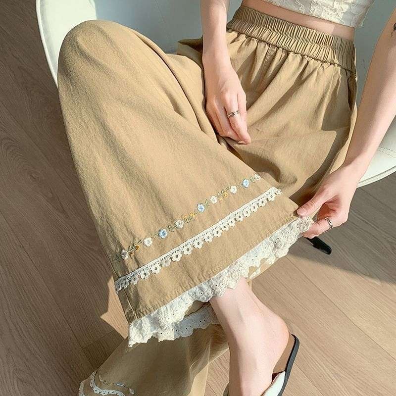 Pantaloni largi pentru femei, spălați, vară, margine cu dantelă brodată, casual din bumbac-lin, croi cropped drept