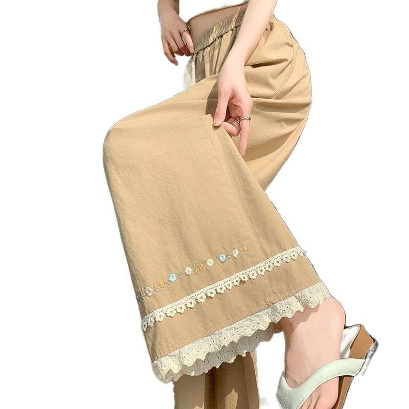 Pantaloni largi pentru femei, spălați, vară, margine cu dantelă brodată, casual din bumbac-lin, croi cropped drept