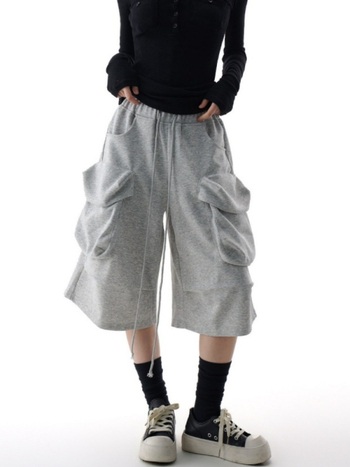 Pantaloni cropped pentru femei în stil american retro, cu buzunare mari, croi larg, cargo casual hip-hop