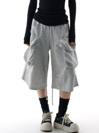 Pantaloni cropped pentru femei în stil american retro, cu buzunare mari, croi larg, cargo casual hip-hop