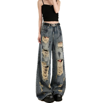 Blugi de vară pentru femei, rupți, croială largă, lungime până la podea, denim, stil american retro, casual