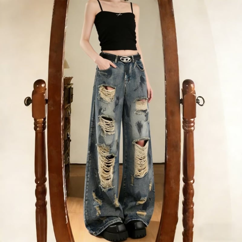Blugi de vară pentru femei, rupți, croială largă, lungime până la podea, denim, stil american retro, casual