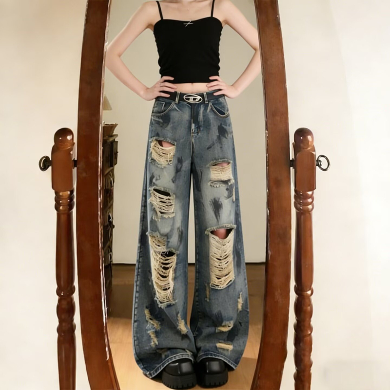 Blugi de vară pentru femei, rupți, croială largă, lungime până la podea, denim, stil american retro, casual