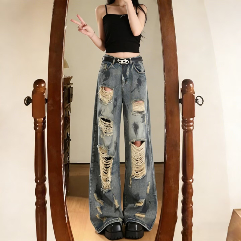 Blugi de vară pentru femei, rupți, croială largă, lungime până la podea, denim, stil american retro, casual