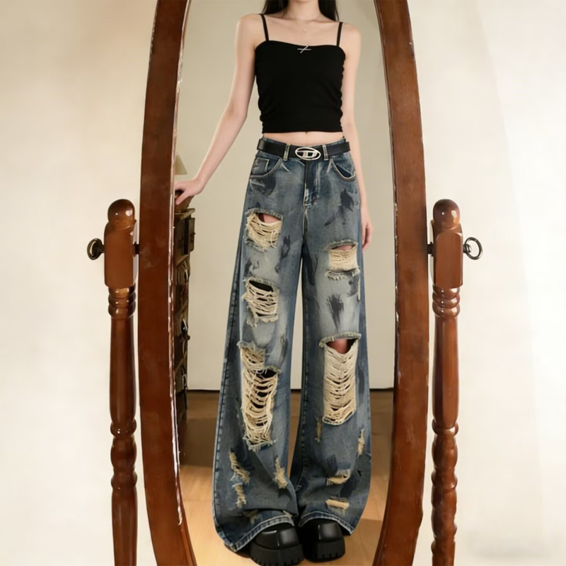 Blugi de vară pentru femei, rupți, croială largă, lungime până la podea, denim, stil american retro, casual