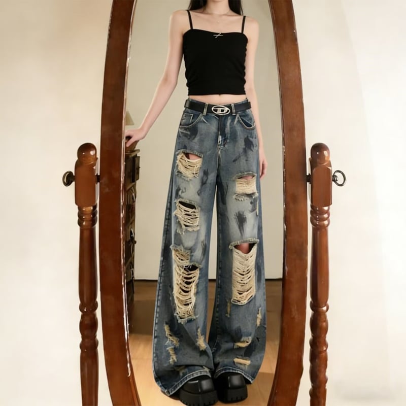 Blugi de vară pentru femei, rupți, croială largă, lungime până la podea, denim, stil american retro, casual