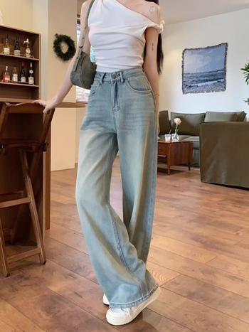 Blugi evazați albastru deschis, spălați, talie înaltă, croială lejeră, drapat, casual, lungime până la podea