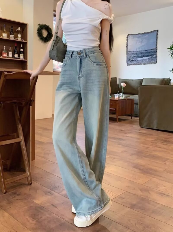 Blugi evazați albastru deschis, spălați, talie înaltă, croială lejeră, drapat, casual, lungime până la podea