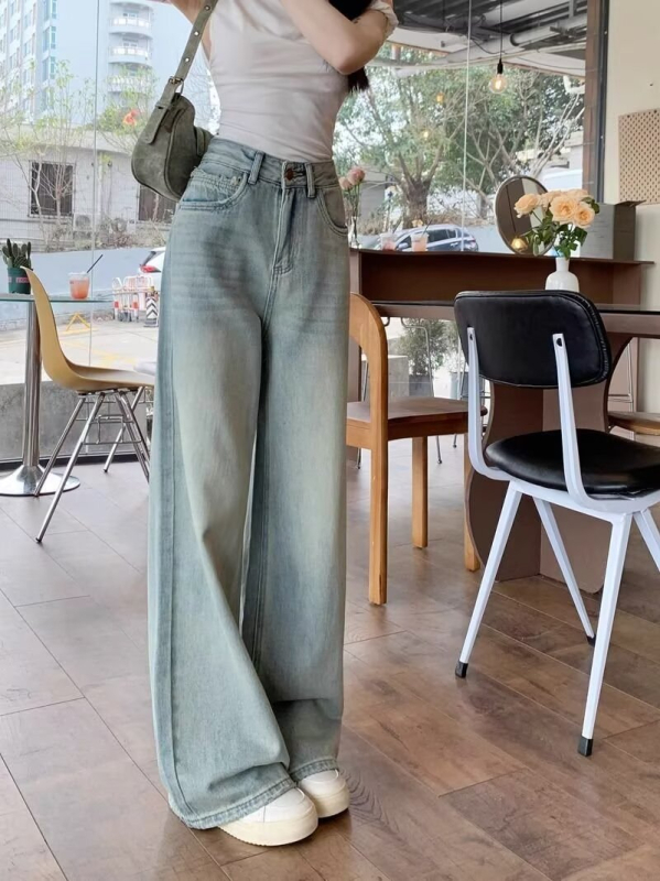 Blugi evazați albastru deschis, spălați, talie înaltă, croială lejeră, drapat, casual, lungime până la podea