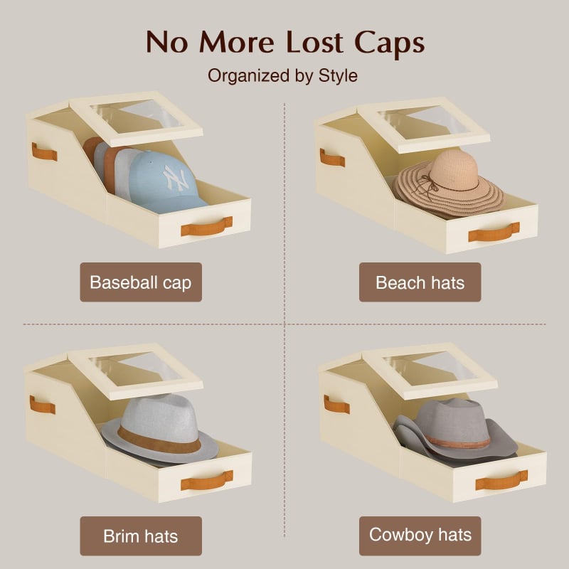 Cutie de depozitare pentru pălării de baseball cu capac, cutie textilă cu fereastră, pliabilă, cu compartimente