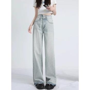 Blugi de damă pentru vară 2026, denim deschis, talie înaltă, plus size, picioare largi, croială dreaptă, croi lejer, lungime până la podea