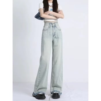 Blugi de damă pentru vară 2026, denim deschis, talie înaltă, plus size, picioare largi, croială dreaptă, croi lejer, lungime până la podea
