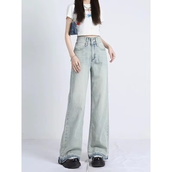 Blugi de damă pentru vară 2026, denim deschis, talie înaltă, plus size, picioare largi, croială dreaptă, croi lejer, lungime până la podea