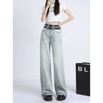 Blugi de damă pentru vară 2026, denim deschis, talie înaltă, plus size, picioare largi, croială dreaptă, croi lejer, lungime până la podea