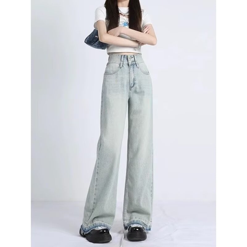 Blugi de damă pentru vară 2026, denim deschis, talie înaltă, plus size, picioare largi, croială dreaptă, croi lejer, lungime până la podea