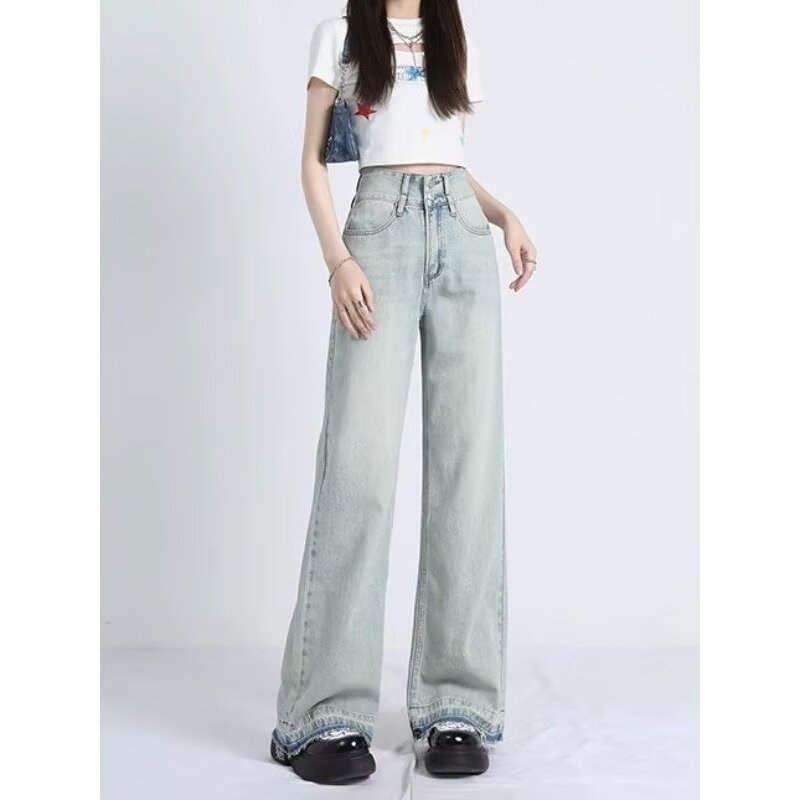 Blugi de damă pentru vară 2026, denim deschis, talie înaltă, plus size, picioare largi, croială dreaptă, croi lejer, lungime până la podea