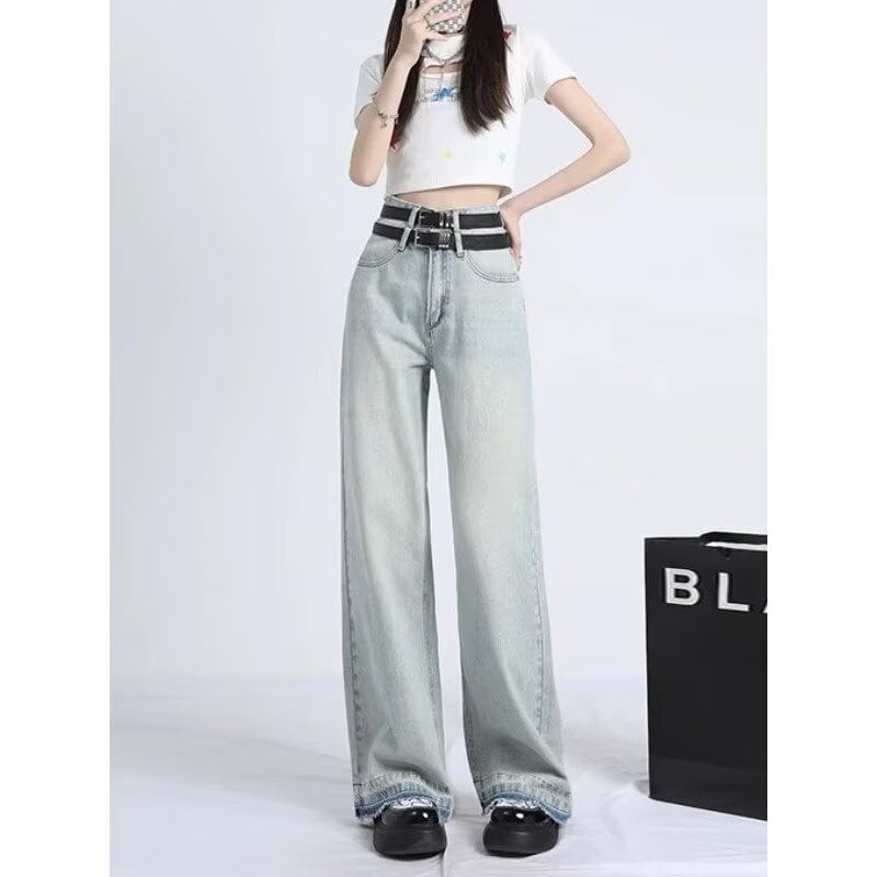 Blugi de damă pentru vară 2026, denim deschis, talie înaltă, plus size, picioare largi, croială dreaptă, croi lejer, lungime până la podea