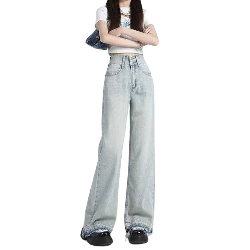 Blugi de damă pentru vară 2026, denim deschis, talie înaltă, plus size, picioare largi, croială dreaptă, croi lejer, lungime până la podea