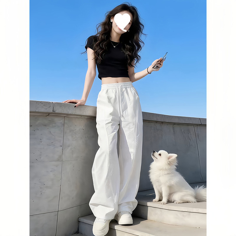 Pantaloni de lucru albi pentru femei, uscare rapidă, ușori pentru vară, croială lejeră, talie înaltă, largi, plisati, pantaloni sport casual