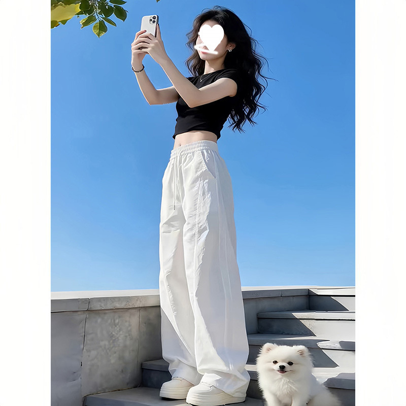 Pantaloni de lucru albi pentru femei, uscare rapidă, ușori pentru vară, croială lejeră, talie înaltă, largi, plisati, pantaloni sport casual