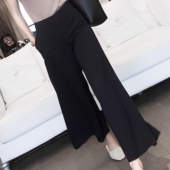 Pantaloni negri de damă, largi, ușor evazați, lungime cropped, material ușor de vară, croială lejeră, plus size