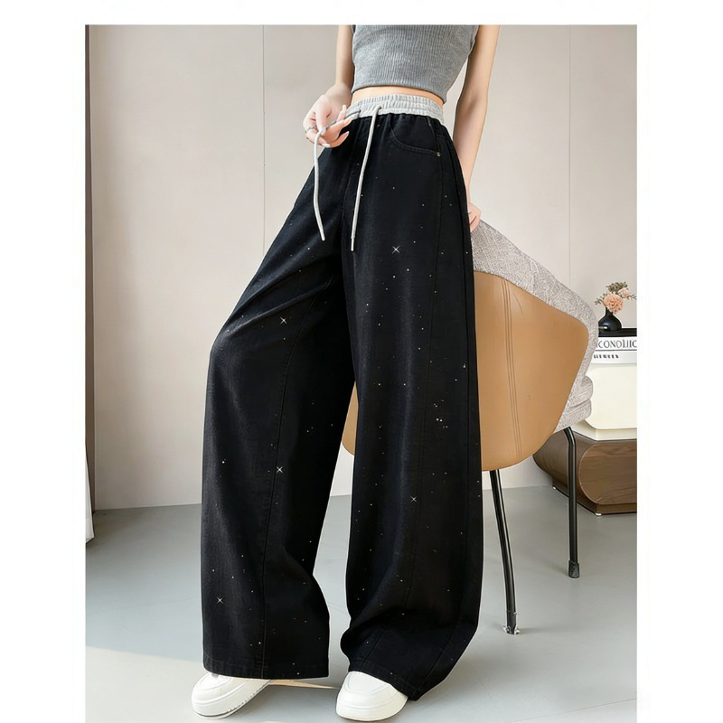 Jeans pentru femei cu strasuri strălucitoare, vară 2026, subțiri și elastici, croială lejeră drept, talie înaltă, picioare largi, stil banană