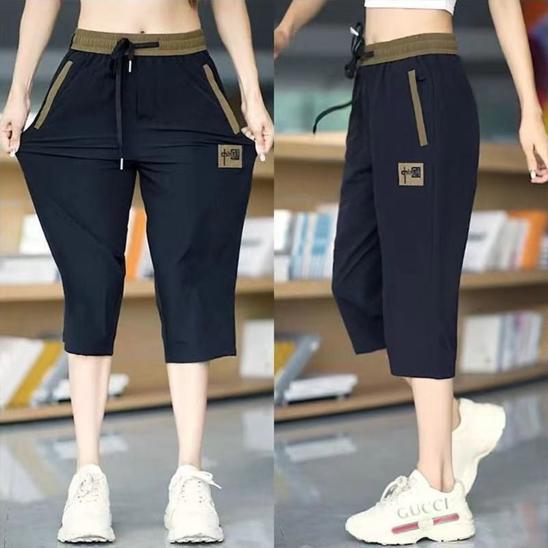 Pantaloni 3/4 casual pentru femei, vară: ușori, uscare rapidă, croi drept, talie elastică, poliester cu spandex