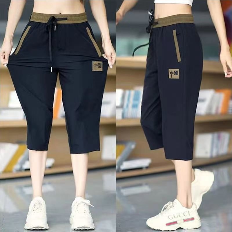 Pantaloni 3/4 casual pentru femei, vară: ușori, uscare rapidă, croi drept, talie elastică, poliester cu spandex