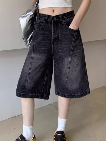 Blugi de damă – talie înaltă, negru-gri, croială largă, cropped, siluetă retro drept, vară 2026