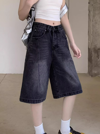 Blugi de damă – talie înaltă, negru-gri, croială largă, cropped, siluetă retro drept, vară 2026