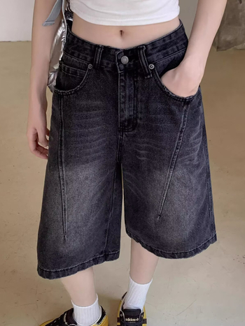 Blugi de damă – talie înaltă, negru-gri, croială largă, cropped, siluetă retro drept, vară 2026