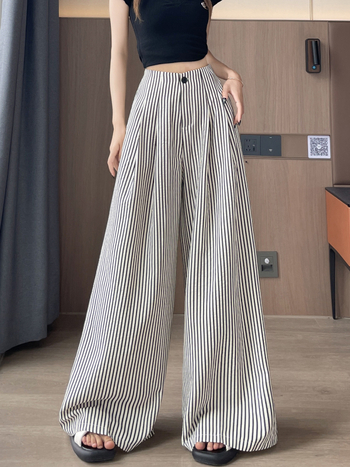 Pantaloni pentru femei Ice-Silk cu dungi, largi, talie înaltă, lejeri, drapaj, croi drept, până la podea