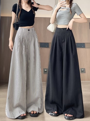 Pantaloni pentru femei Ice-Silk cu dungi, largi, talie înaltă, lejeri, drapaj, croi drept, până la podea